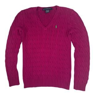 Ralph Lauren Sport Cable-Knit Cotton V-Neck Sweater Women's Medium Hot Pink